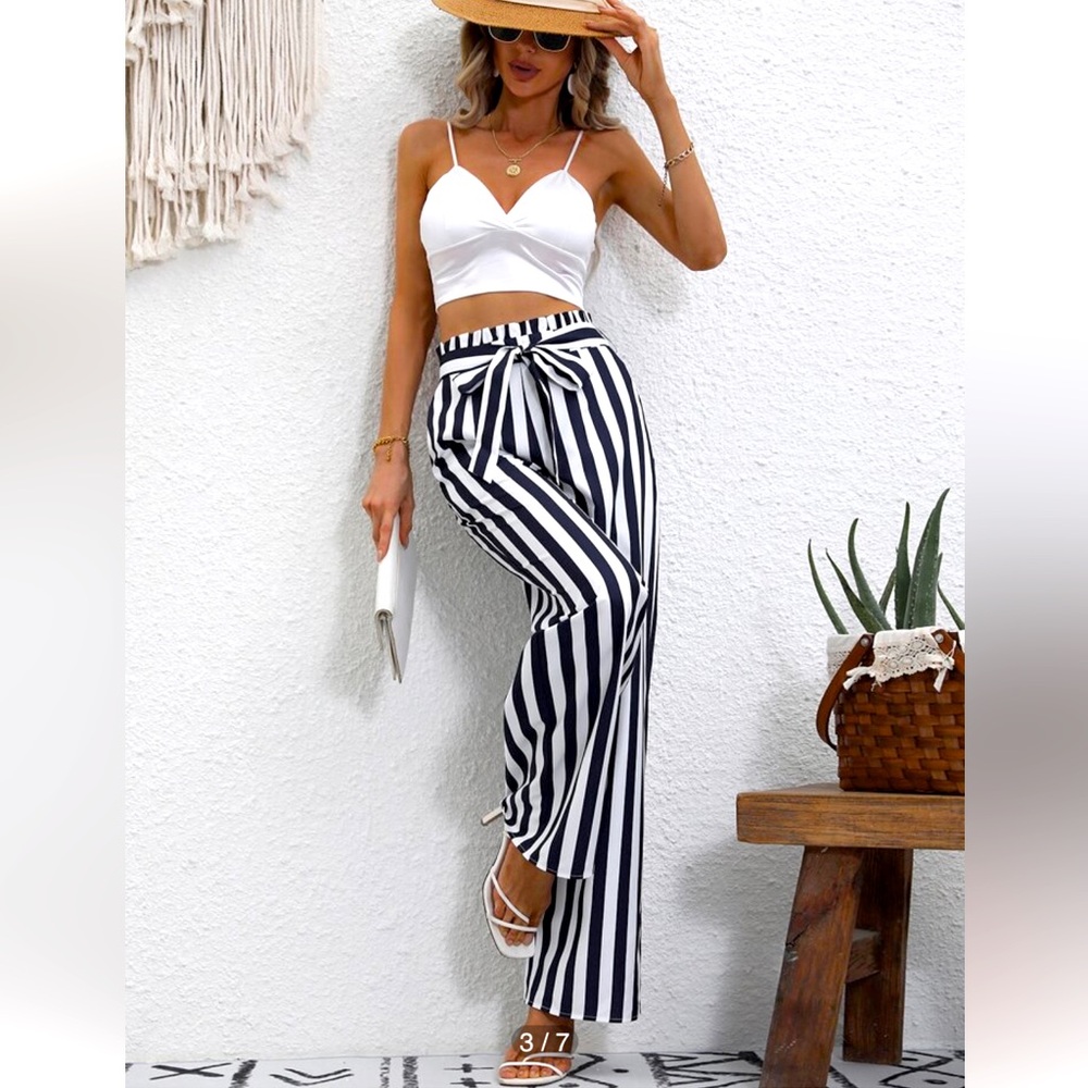 High Waist Tie Striped Black and White Women's Pants
